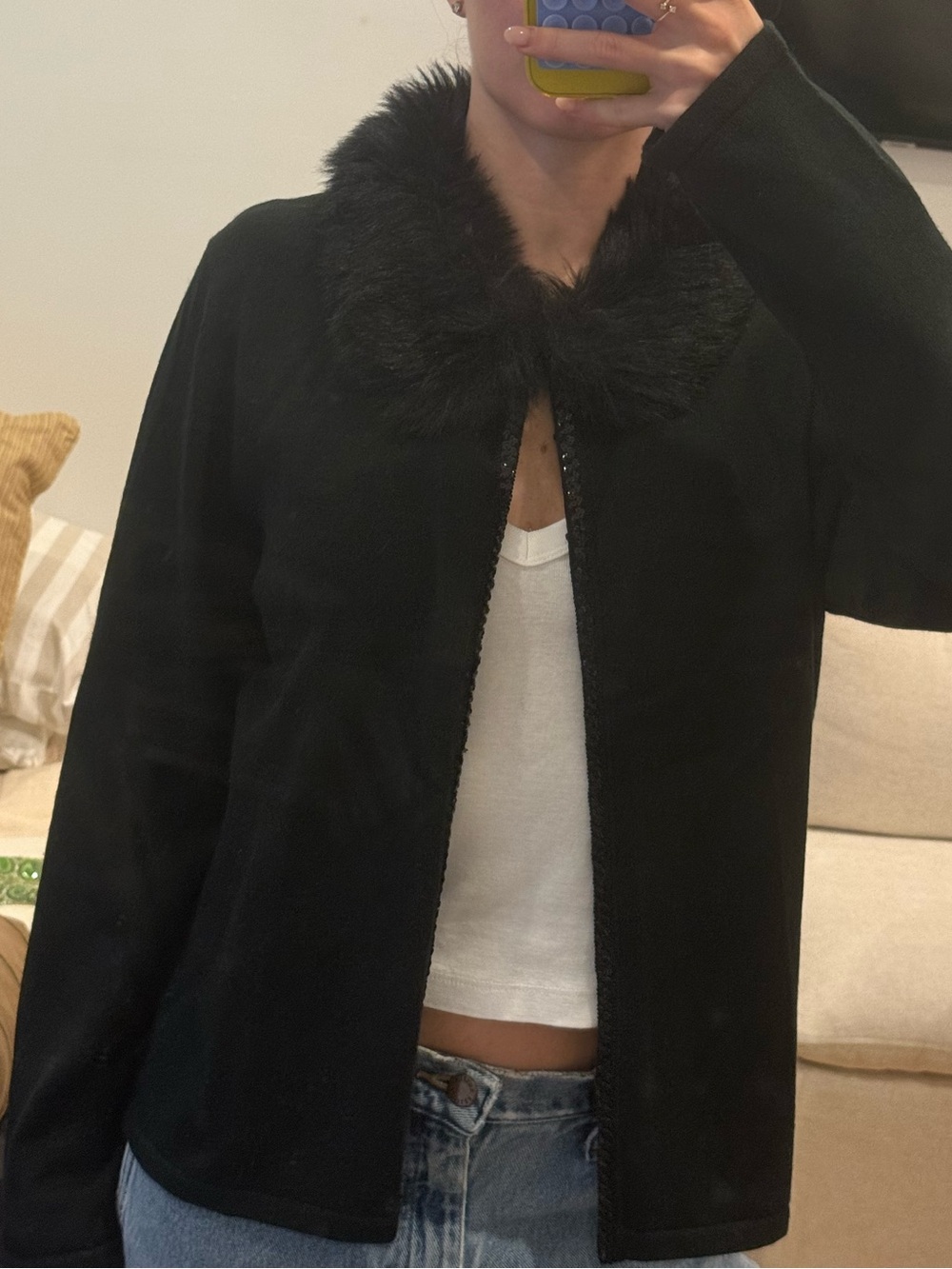 Detachable Classic Black Faux-Fur Collar Jacket - Women